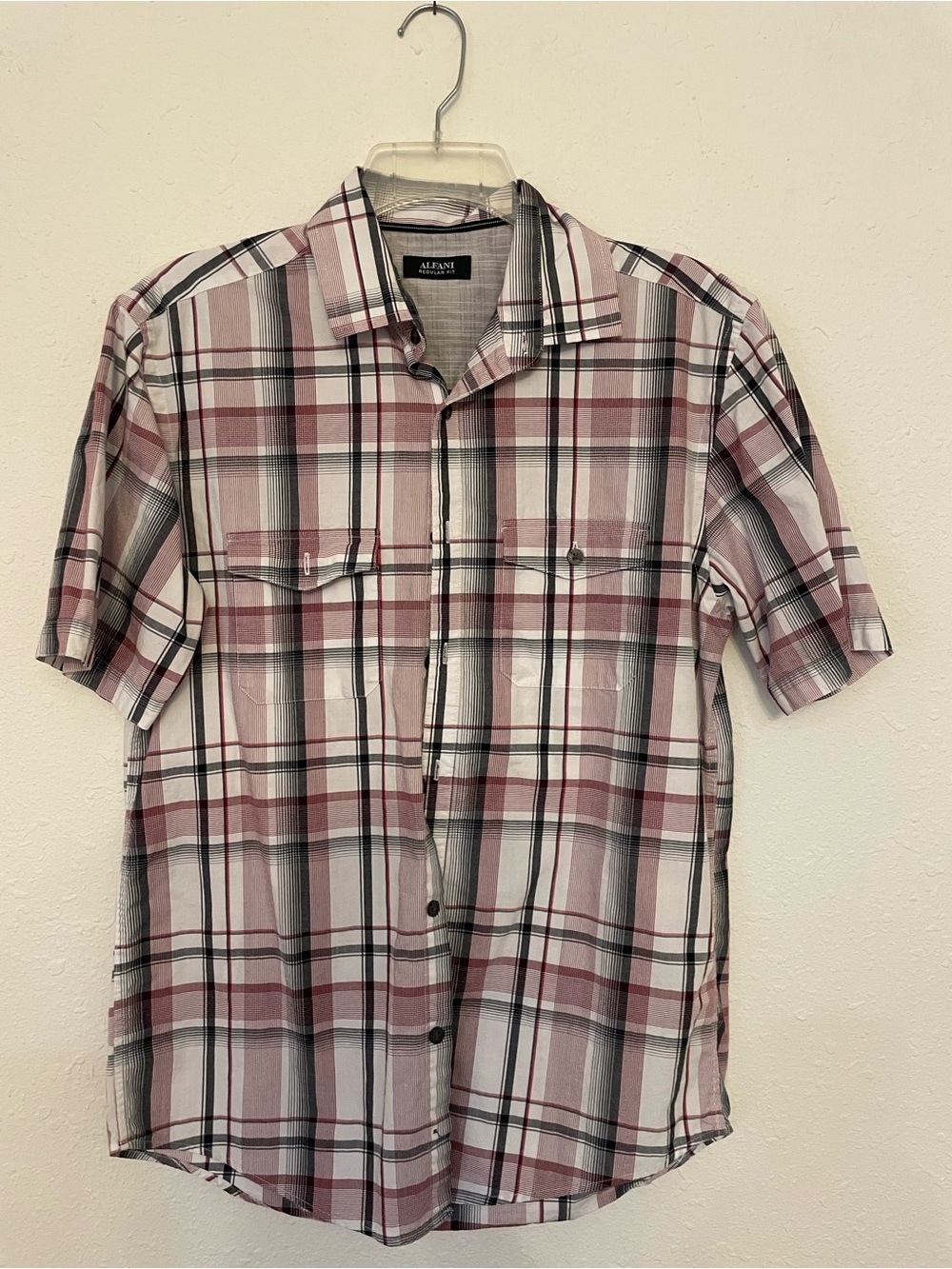 Alfani Short-Sleeve Plaid Button-Up Shirt in Dusty Rose and Gray